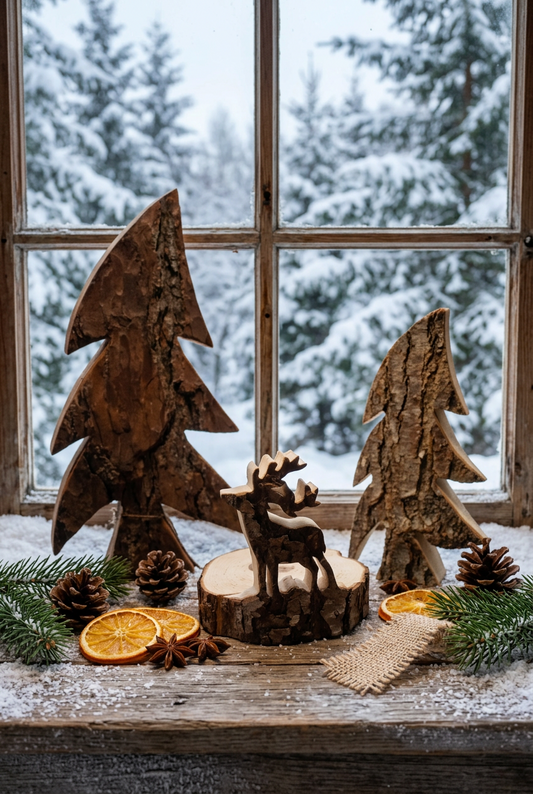 Teelichthalter Baumstamm mit Hirsch aus braunem Holz, 12 × 12 × 13,5 cm