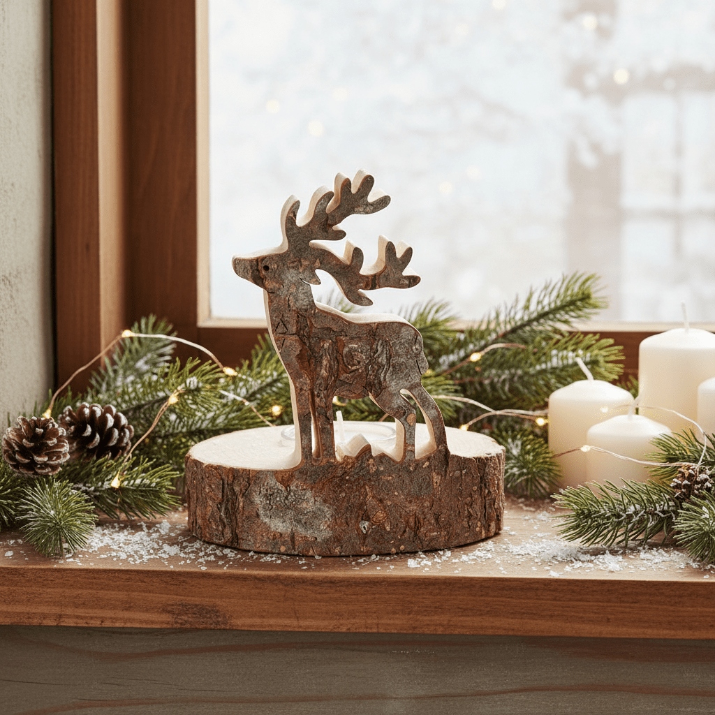 Teelichthalter Baumstamm mit Hirsch - Rustikale Weihnachtsdeko Holz {{ Shabby Chic und Landhaus Deko }} {{ www.Stein-Alt.de }}