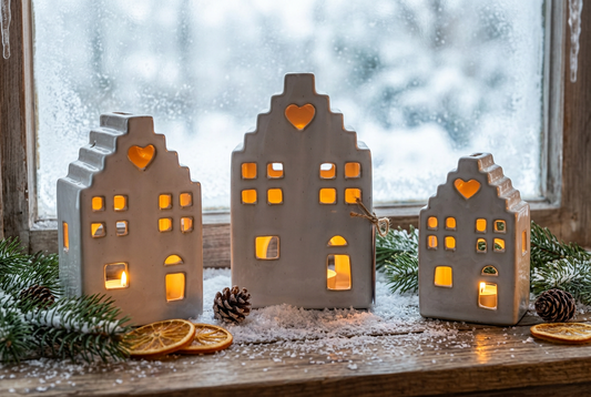 Teelichthalter Keramik Haus Beige - Kerzenständer Landhausstil S/M/L