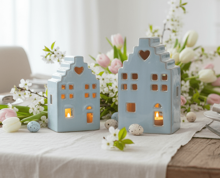 Teelichthalter Keramik Haus Beige - Kerzenständer Landhausstil Deko S/M/L {{ Shabby Chic und Landhaus Deko }} {{ www.Stein-Alt.de }}