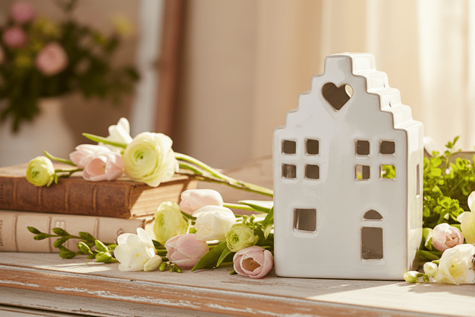 Teelichthalter Keramik Haus Beige - Kerzenständer Landhausstil Deko S/M/L {{ Shabby Chic und Landhaus Deko }} {{ www.Stein-Alt.de }}