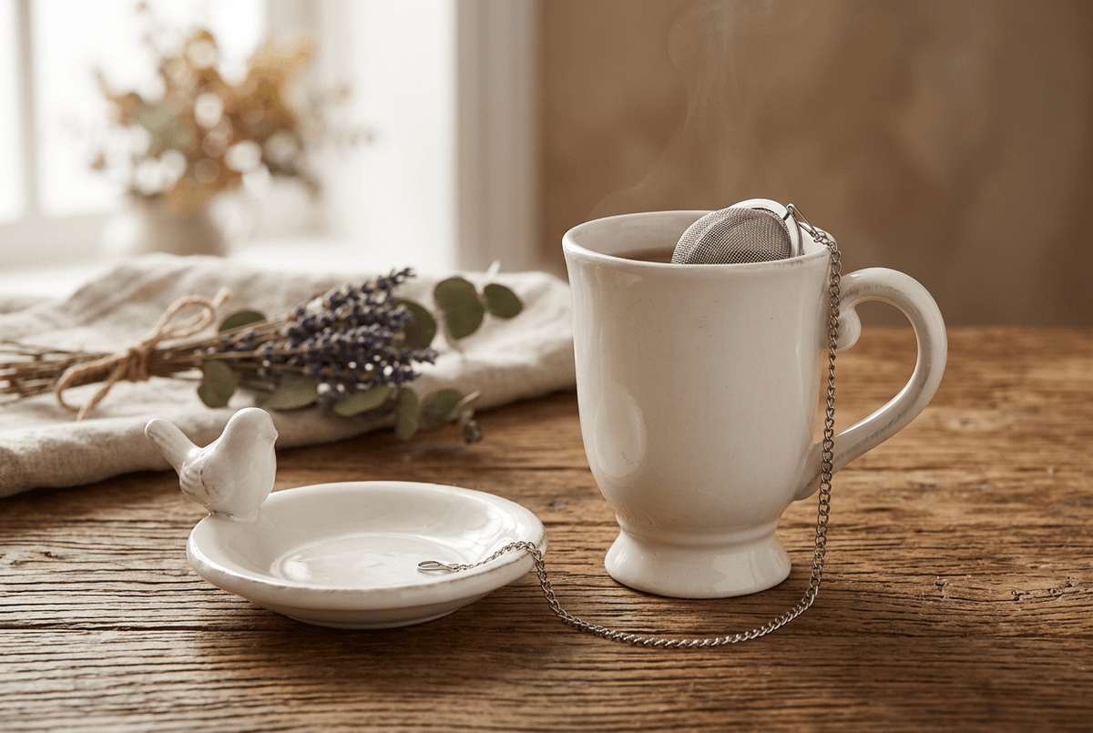 Teetasse Teetasse mit Deckel und Ablage Landhaus Keramik Weiß 300 ml Shabby-Chic und Landhaus-Deko bei www.Stein-Alt.de