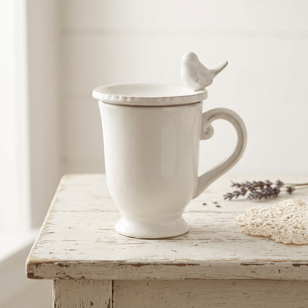 Teetasse Teetasse mit Deckel und Ablage Landhaus Keramik Weiß 300 ml Shabby-Chic und Landhaus-Deko bei www.Stein-Alt.de