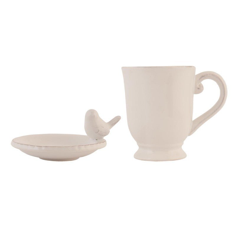 Teetasse mit Deckel und Ablage Weiß 300ml - Keramik Becher mit Vogelmotiv {{ Shabby Chic und Landhaus Deko }} {{ www.Stein-Alt.de }}