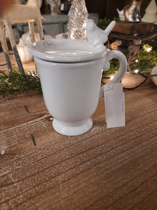Teetasse mit Deckel und Ablage Weiß 300ml - Keramik Becher mit Vogelmotiv {{ Shabby Chic und Landhaus Deko }} {{ www.Stein-Alt.de }}