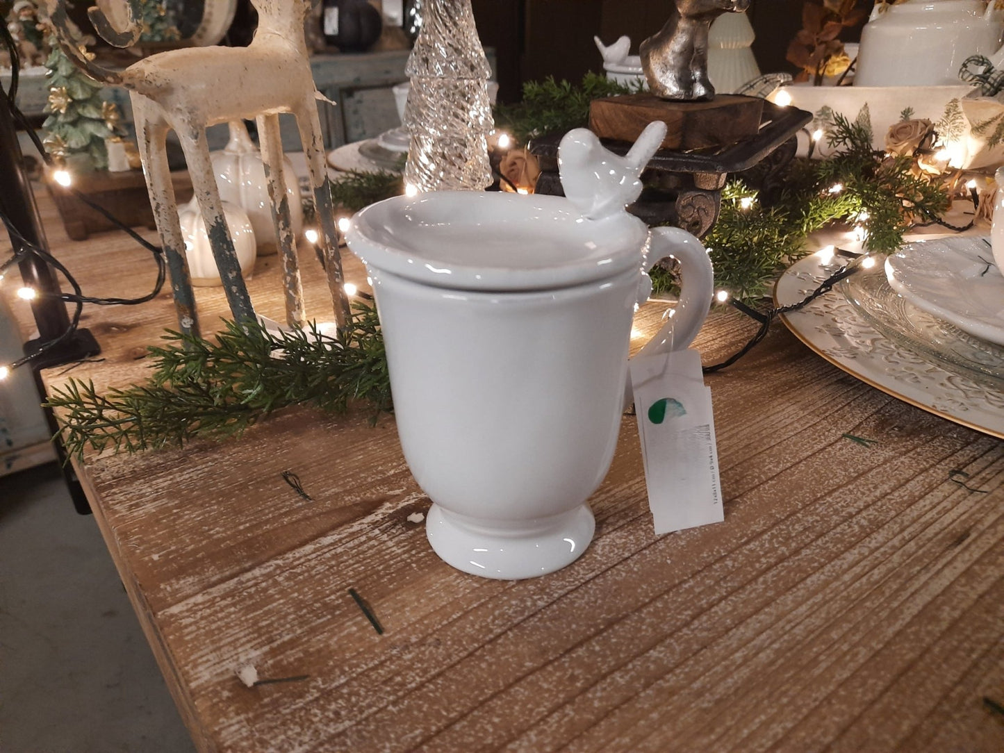 Teetasse mit Deckel und Ablage Weiß 300ml - Keramik Becher mit Vogelmotiv {{ Shabby Chic und Landhaus Deko }} {{ www.Stein-Alt.de }}