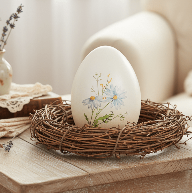 Terrakotta Ei mit Kornblumen - Frühlingsdeko Ostern Landhausstil {{ Shabby Chic und Landhaus Deko }} {{ www.Stein-Alt.de }}