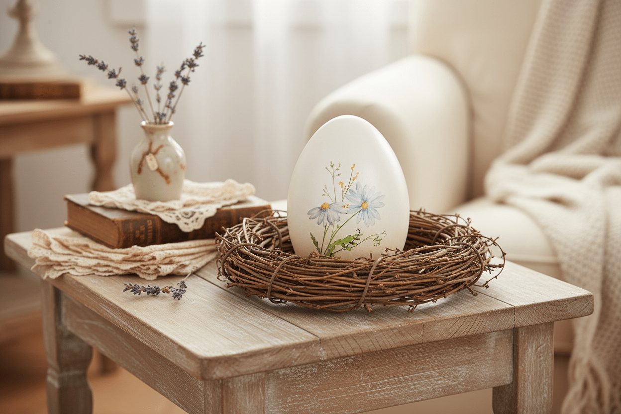 Terrakotta Ei mit Kornblumen - Frühlingsdeko Ostern Landhausstil {{ Shabby Chic und Landhaus Deko }} {{ www.Stein-Alt.de }}