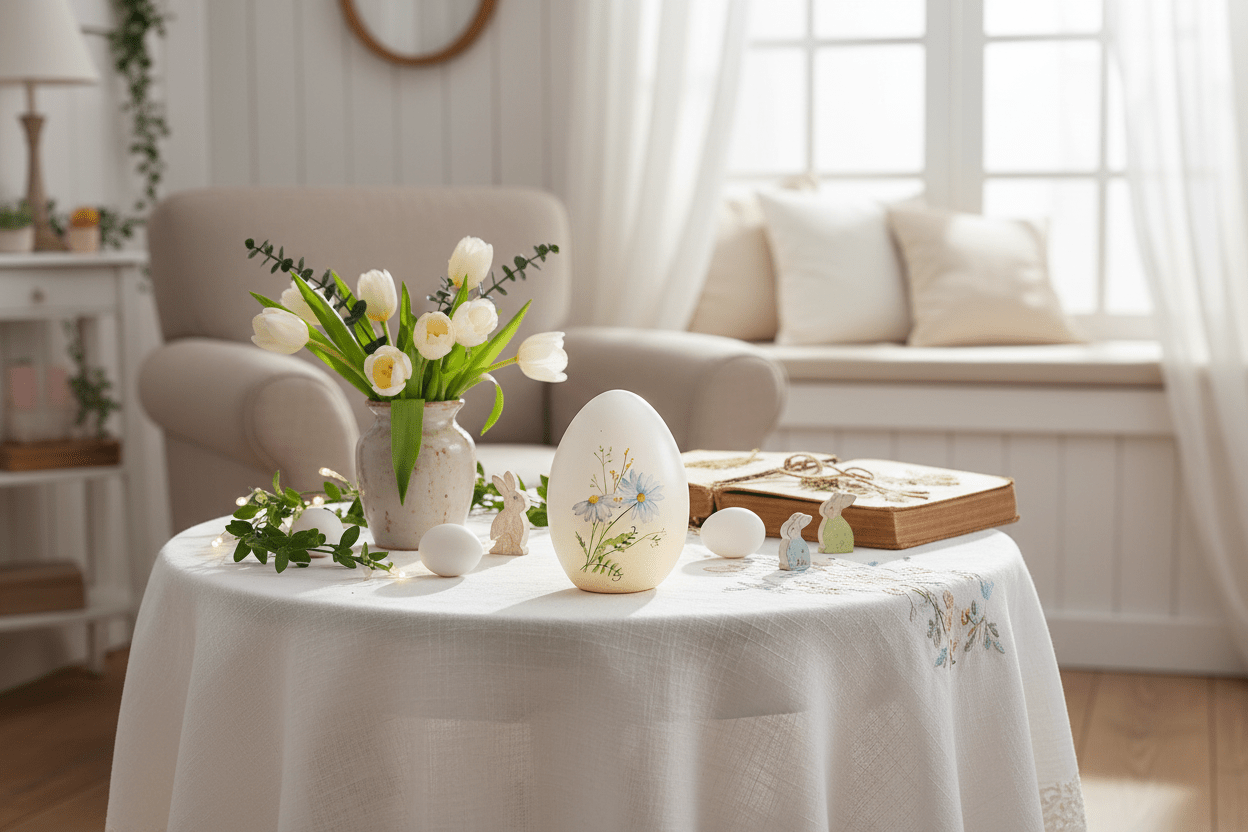 Terrakotta Ei mit Kornblumen - Frühlingsdeko Ostern Landhausstil {{ Shabby Chic und Landhaus Deko }} {{ www.Stein-Alt.de }}