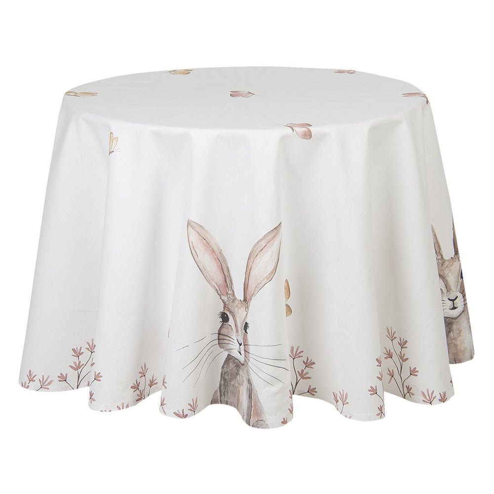 Tischdecke Ostern Baumwolle Weiß Beige Häschen Hase Frühling Rund: Ø 170 {{ Shabby Chic und Landhaus Deko }} {{ www.Stein-Alt.de }}