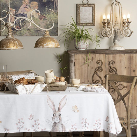 Tischdecke Ostern Baumwolle Weiß Beige Häschen Hase Frühling Rechteckig: 130 cm x 180 cm {{ Shabby Chic und Landhaus Deko }} {{ www.Stein-Alt.de }}