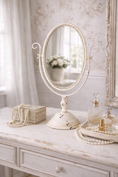 Tischspiegel Brocante-Stil – Schminkspiegel aus Metall in Creme | Clayre & Eef {{ Shabby Chic und Landhaus Deko }} {{ www.Stein-Alt.de }}