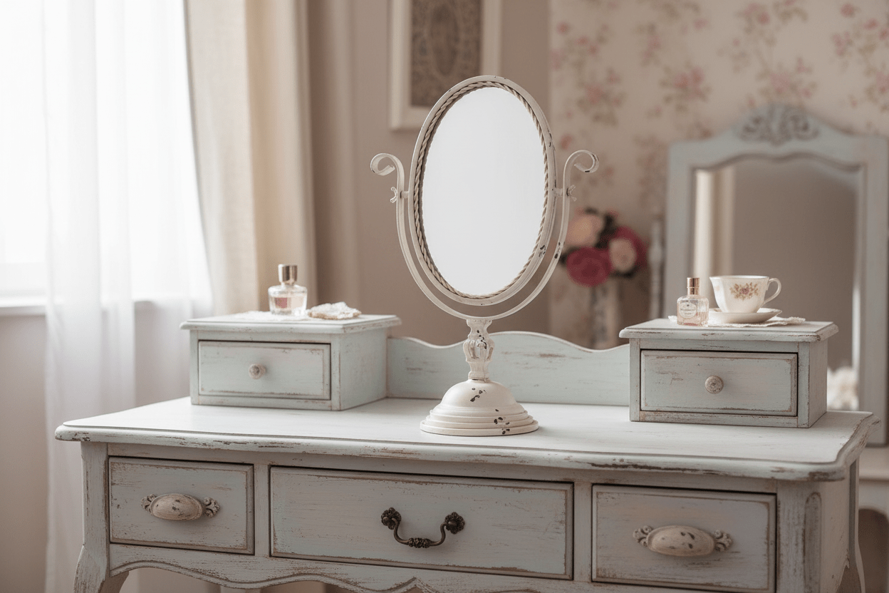 Tischspiegel Brocante-Stil – Schminkspiegel aus Metall in Creme | Clayre & Eef {{ Shabby Chic und Landhaus Deko }} {{ www.Stein-Alt.de }}