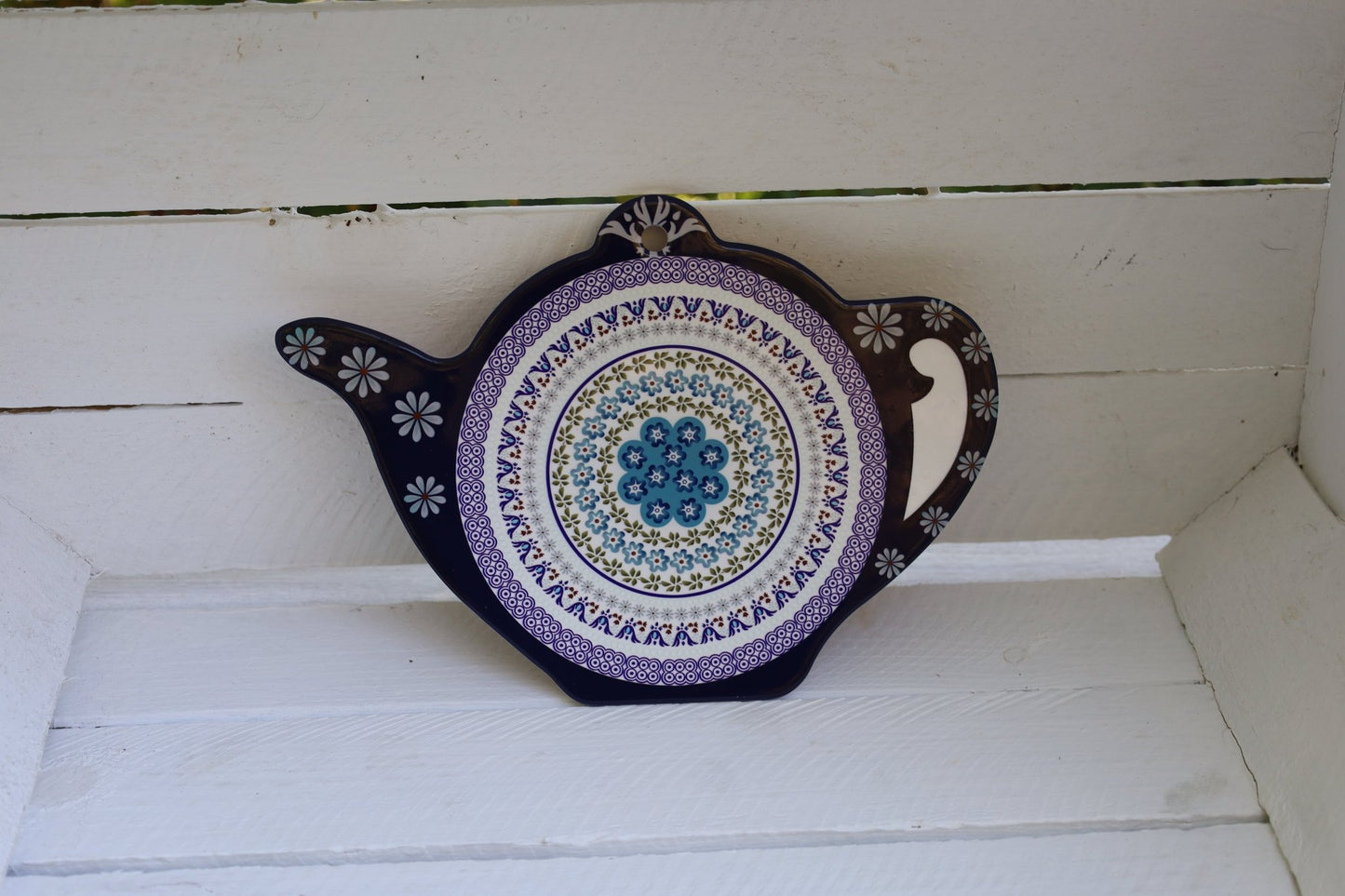 Pfannenuntersetzer Keramik & Kork Blau | Teekanne 24×17 cm {{ Shabby Chic und Landhaus Deko }} {{ www.Stein-Alt.de }}