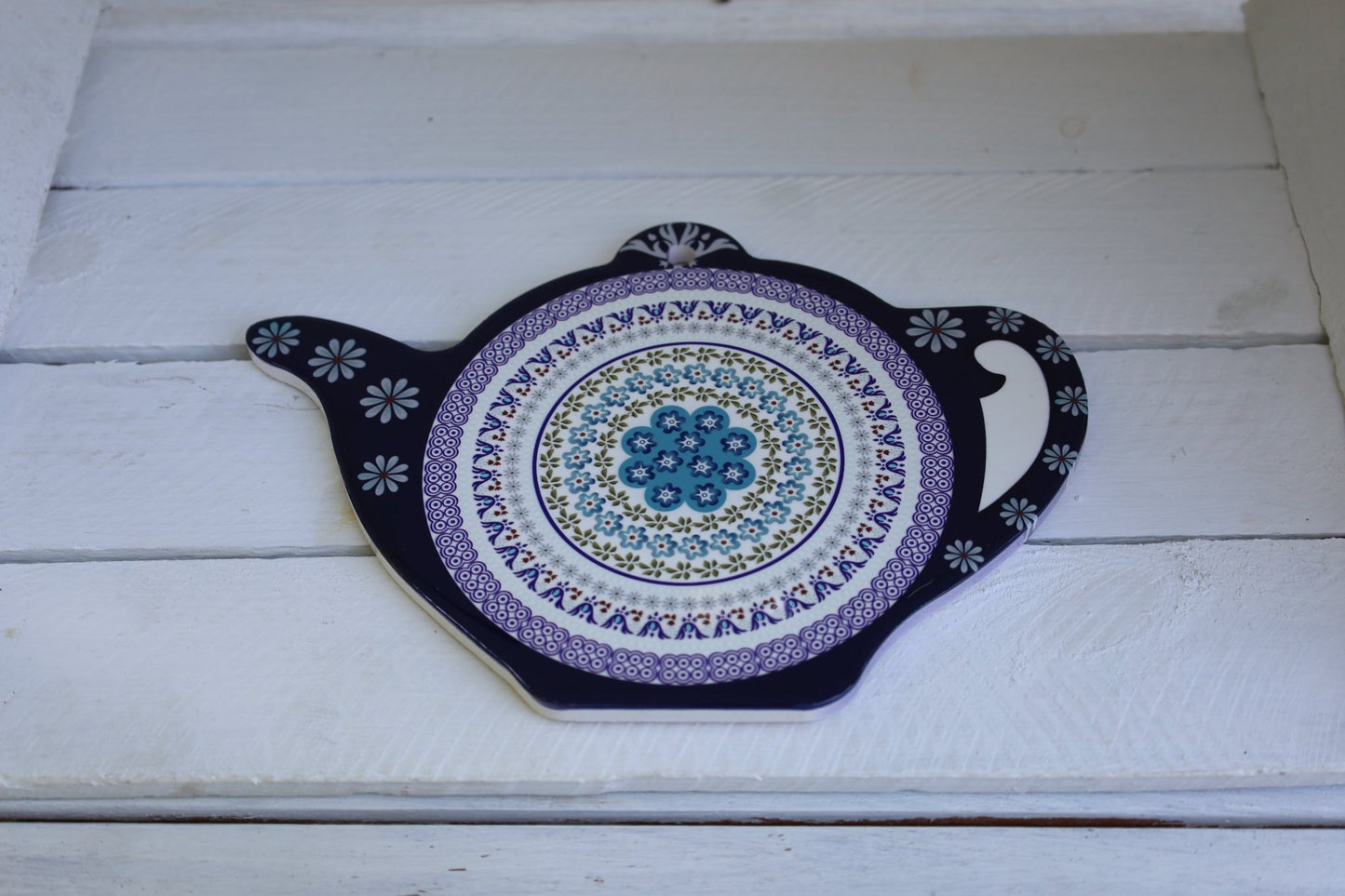 Pfannenuntersetzer Keramik & Kork Blau | Teekanne 24×17 cm {{ Shabby Chic und Landhaus Deko }} {{ www.Stein-Alt.de }}