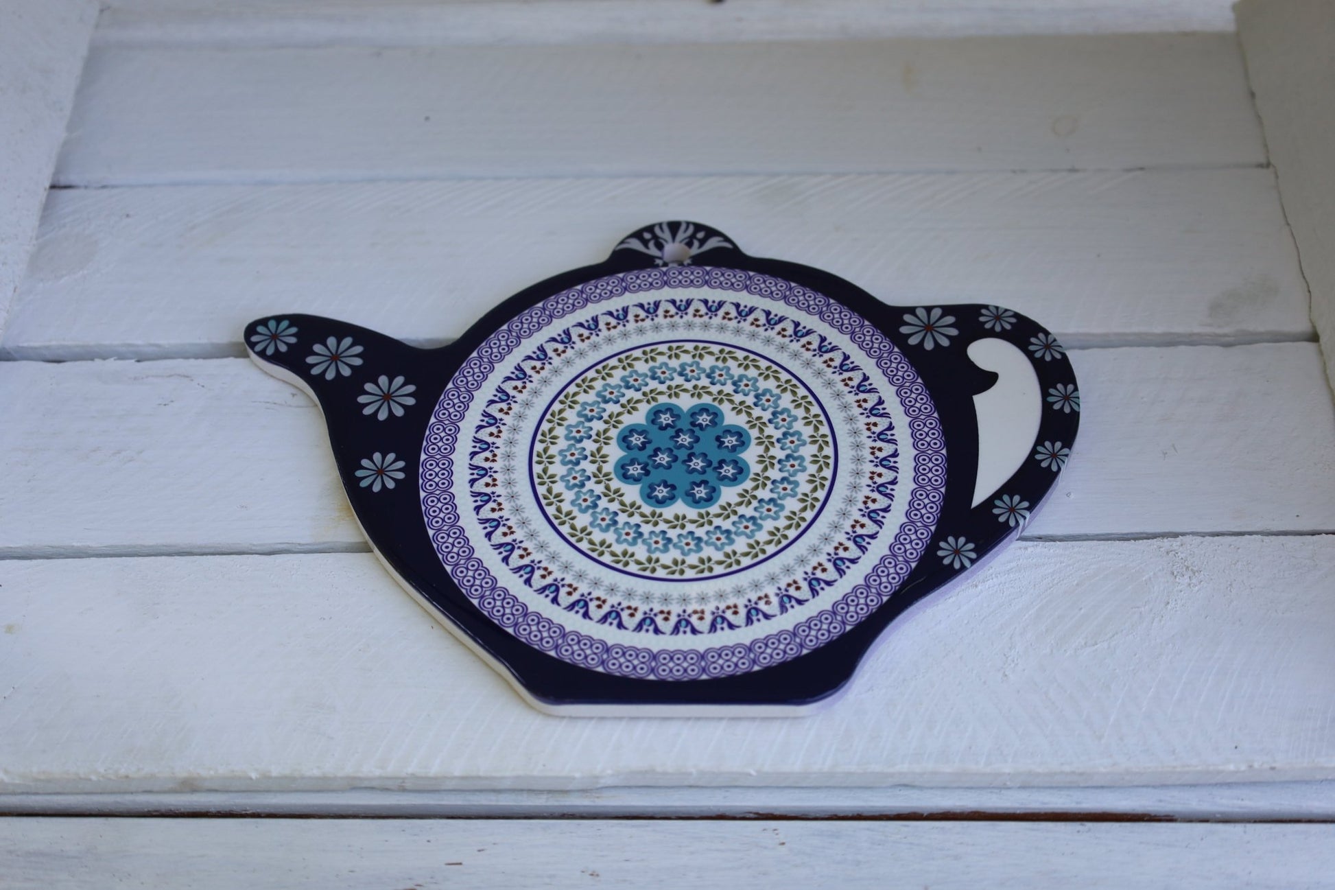 Pfannenuntersetzer Keramik & Kork Blau | Teekanne 24×17 cm {{ Shabby Chic und Landhaus Deko }} {{ www.Stein-Alt.de }}
