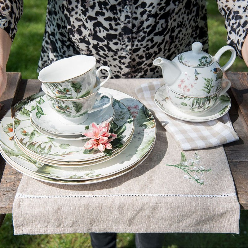 Geschirr aus Porzellan, Pflanzen und Vogelmotiv in Grün-Weiß, Mix & Match