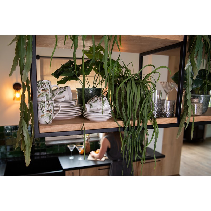 Geschirr aus Porzellan, Pflanzen und Vogelmotiv in Grün-Weiß, Mix & Match