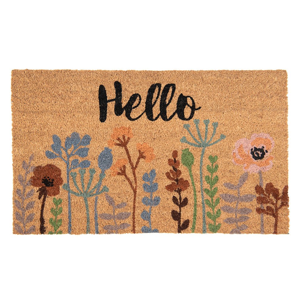 Türmatte aus Kokos für Drinnen & Außen – Fußabtreter mit natürlichen Motiven im Landhausstil Hello mit Blumen {{ Shabby Chic und Landhaus Deko }} {{ www.Stein-Alt.de }}