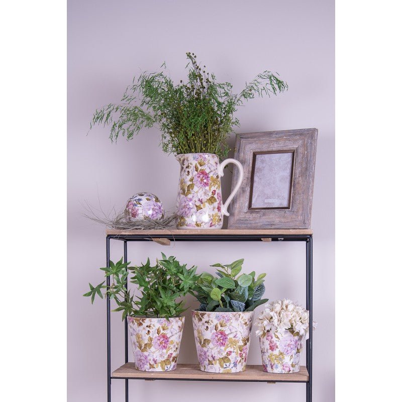 Übertopf Pfingstrose Keramik Lila-Grün - Landhausstil Blumentopf {{ Shabby Chic und Landhaus Deko }} {{ www.Stein-Alt.de }}