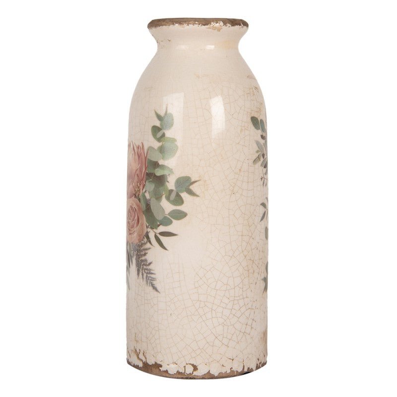 Vase in flaschenform im Brocante Stil mit Rosenmotiv aus Keramik in Beige-Rosa {{ Shabby Chic und Landhaus Deko }} {{ www.Stein-Alt.de }}