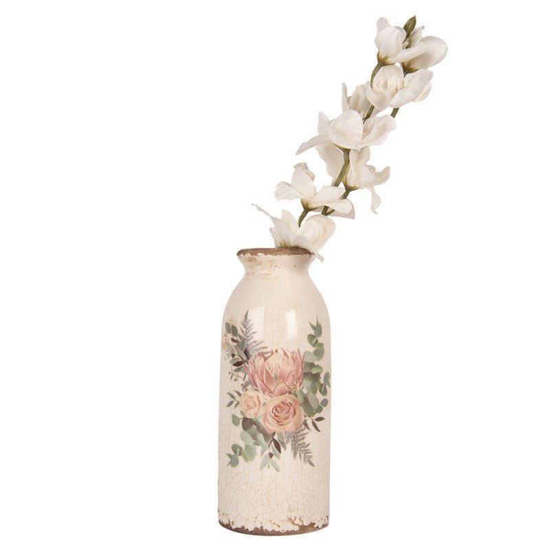 Vase in flaschenform im Brocante Stil mit Rosenmotiv aus Keramik in Beige-Rosa Ø 8 cm x 20 cm (Höhe) {{ Shabby Chic und Landhaus Deko }} {{ www.Stein-Alt.de }}