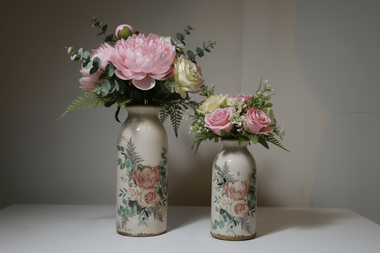 Vase in flaschenform im Brocante Stil mit Rosenmotiv aus Keramik in Beige-Rosa {{ Shabby Chic und Landhaus Deko }} {{ www.Stein-Alt.de }}