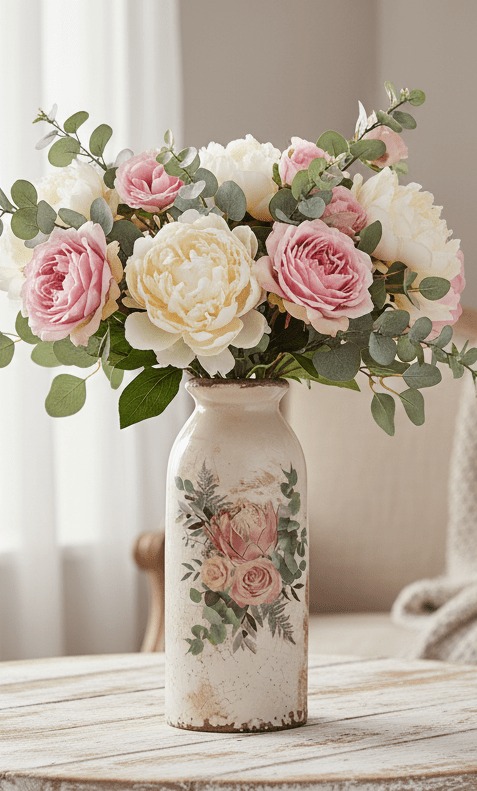 Vase in flaschenform im Brocante Stil mit Rosenmotiv aus Keramik in Beige-Rosa {{ Shabby Chic und Landhaus Deko }} {{ www.Stein-Alt.de }}