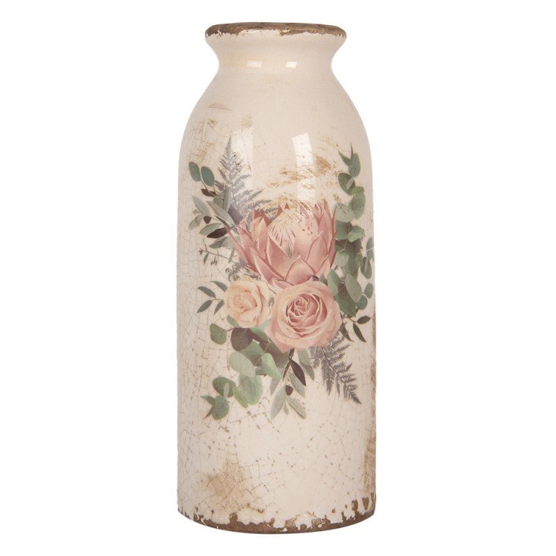 Vase in flaschenform im Brocante Stil mit Rosenmotiv aus Keramik in Beige-Rosa Ø 8 cm x 16 cm (Höhe) {{ Shabby Chic und Landhaus Deko }} {{ www.Stein-Alt.de }}