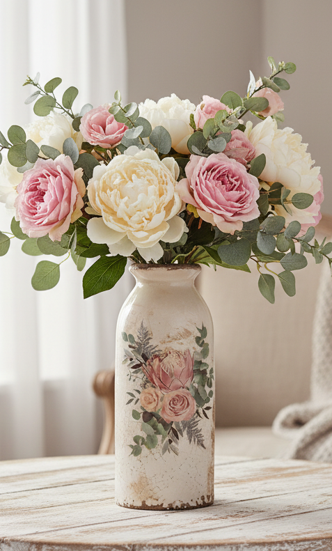 Vase in flaschenform im Brocante Stil mit Rosenmotiv aus Keramik in Beige-Rosa