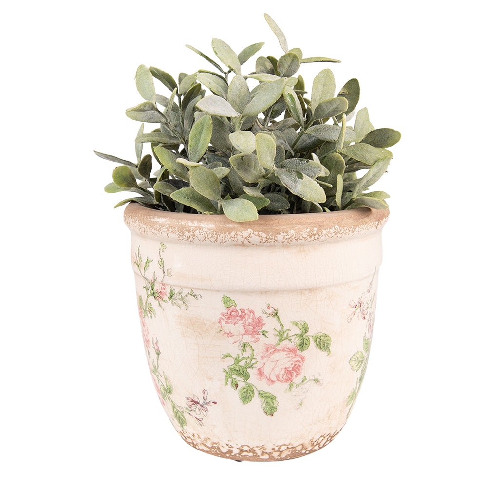 Vintage Blumentopf mit Rosenmotiv - Rosa Beige Keramik Übertopf Shabby Chic {{ Shabby Chic und Landhaus Deko }} {{ www.Stein-Alt.de }}