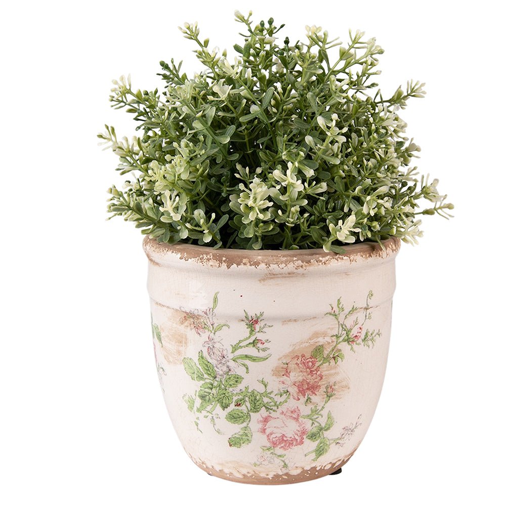 Vintage Blumentopf mit Rosenmotiv - Rosa Beige Keramik Übertopf Shabby Chic {{ Shabby Chic und Landhaus Deko }} {{ www.Stein-Alt.de }}