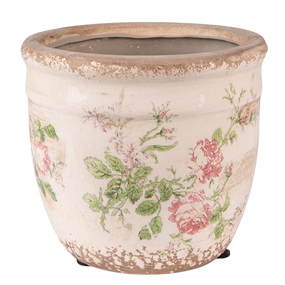 Vintage Blumentopf mit Rosenmotiv - Rosa Beige Keramik Übertopf Shabby Chic {{ Shabby Chic und Landhaus Deko }} {{ www.Stein-Alt.de }}