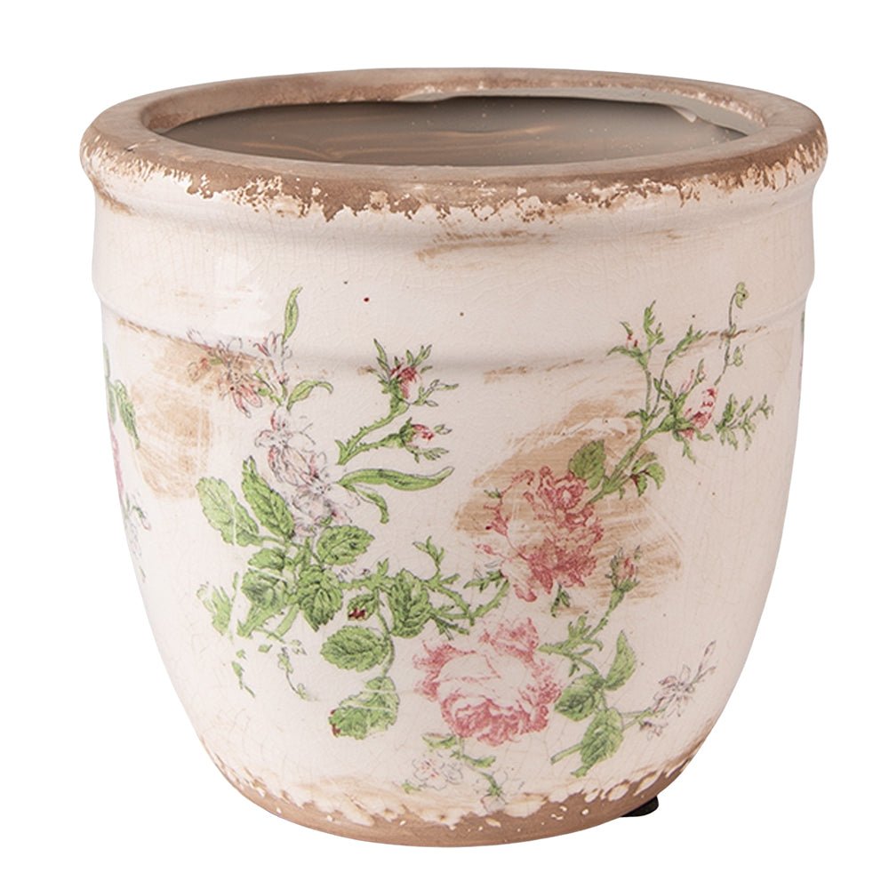 Vintage Blumentopf mit Rosenmotiv - Rosa Beige Keramik Übertopf Shabby Chic 18 cm hoch, Ø 17 cm {{ Shabby Chic und Landhaus Deko }} {{ www.Stein-Alt.de }}