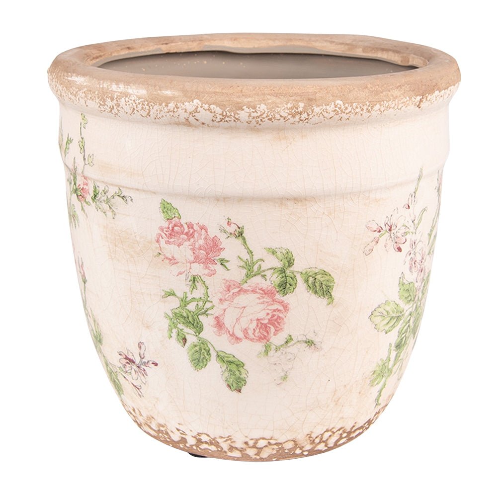 Vintage Blumentopf mit Rosenmotiv - Rosa Beige Keramik Übertopf Shabby Chic 15 cm hoch, Ø 14 cm {{ Shabby Chic und Landhaus Deko }} {{ www.Stein-Alt.de }}