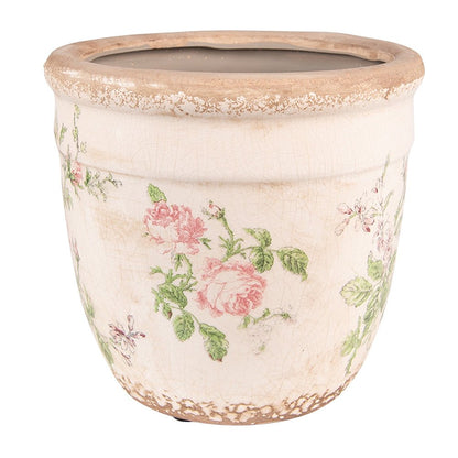Blumentopf / Übertopf Vintage Blumentopf Rosenmotiv – Keramik Übertopf Rosa Beige Shabby Chic Clayre & Eef 15 cm hoch, Ø 14 cm Shabby Chic und Landhaus Deko bei www.Stein-Alt.de