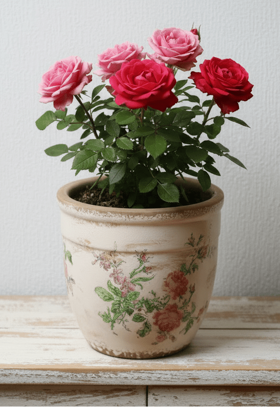 Vintage Blumentopf mit Rosenmotiv - Rosa Beige Keramik Übertopf Shabby Chic {{ Shabby Chic und Landhaus Deko }} {{ www.Stein-Alt.de }}