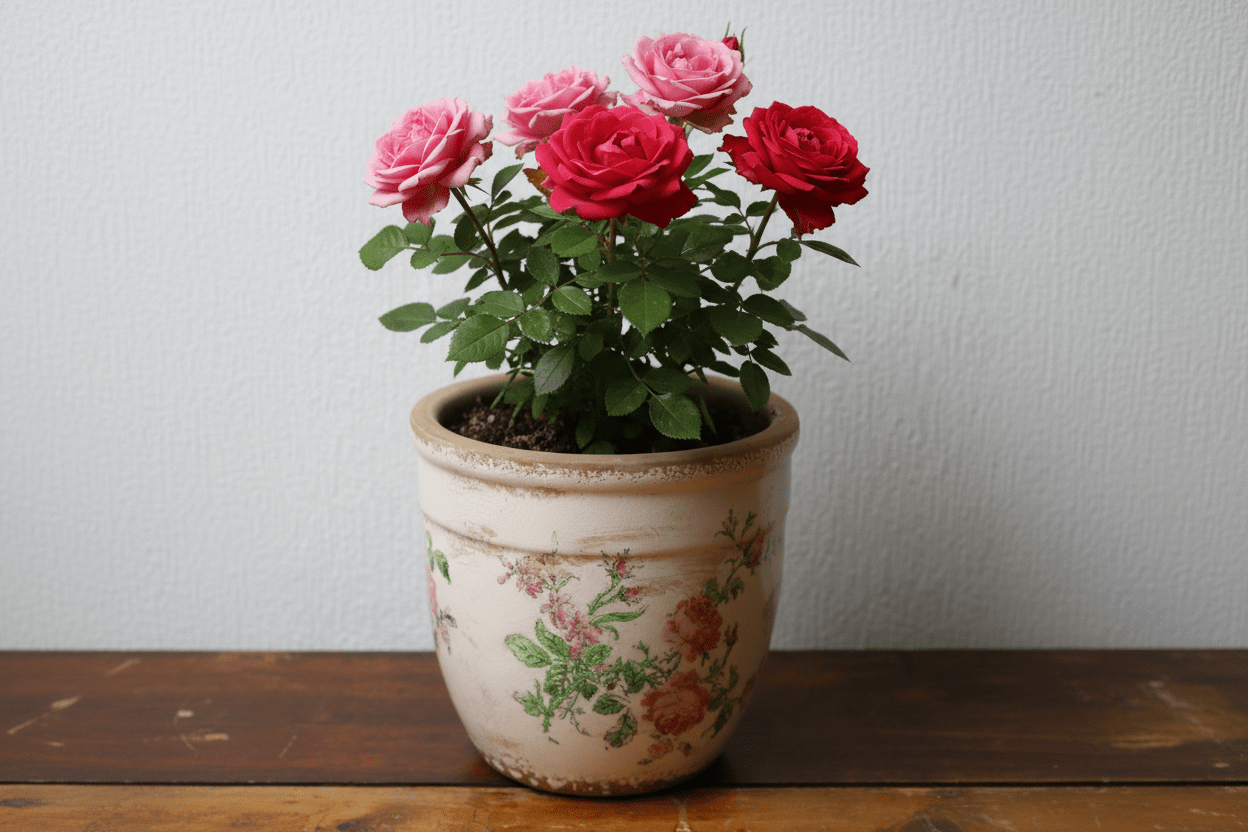 Vintage Blumentopf mit Rosenmotiv - Rosa Beige Keramik Übertopf Shabby Chic {{ Shabby Chic und Landhaus Deko }} {{ www.Stein-Alt.de }}