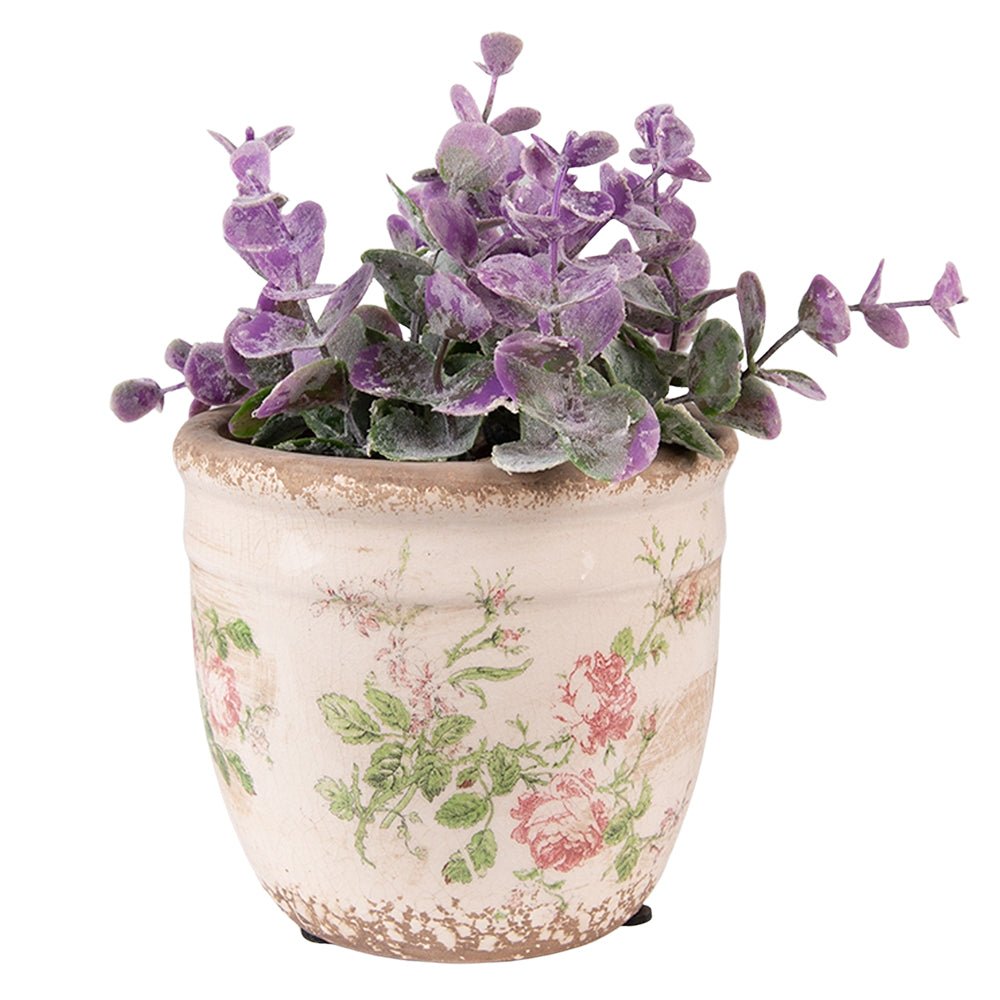 Vintage Blumentopf mit Rosenmotiv - Rosa Beige Keramik Übertopf Shabby Chic {{ Shabby Chic und Landhaus Deko }} {{ www.Stein-Alt.de }}