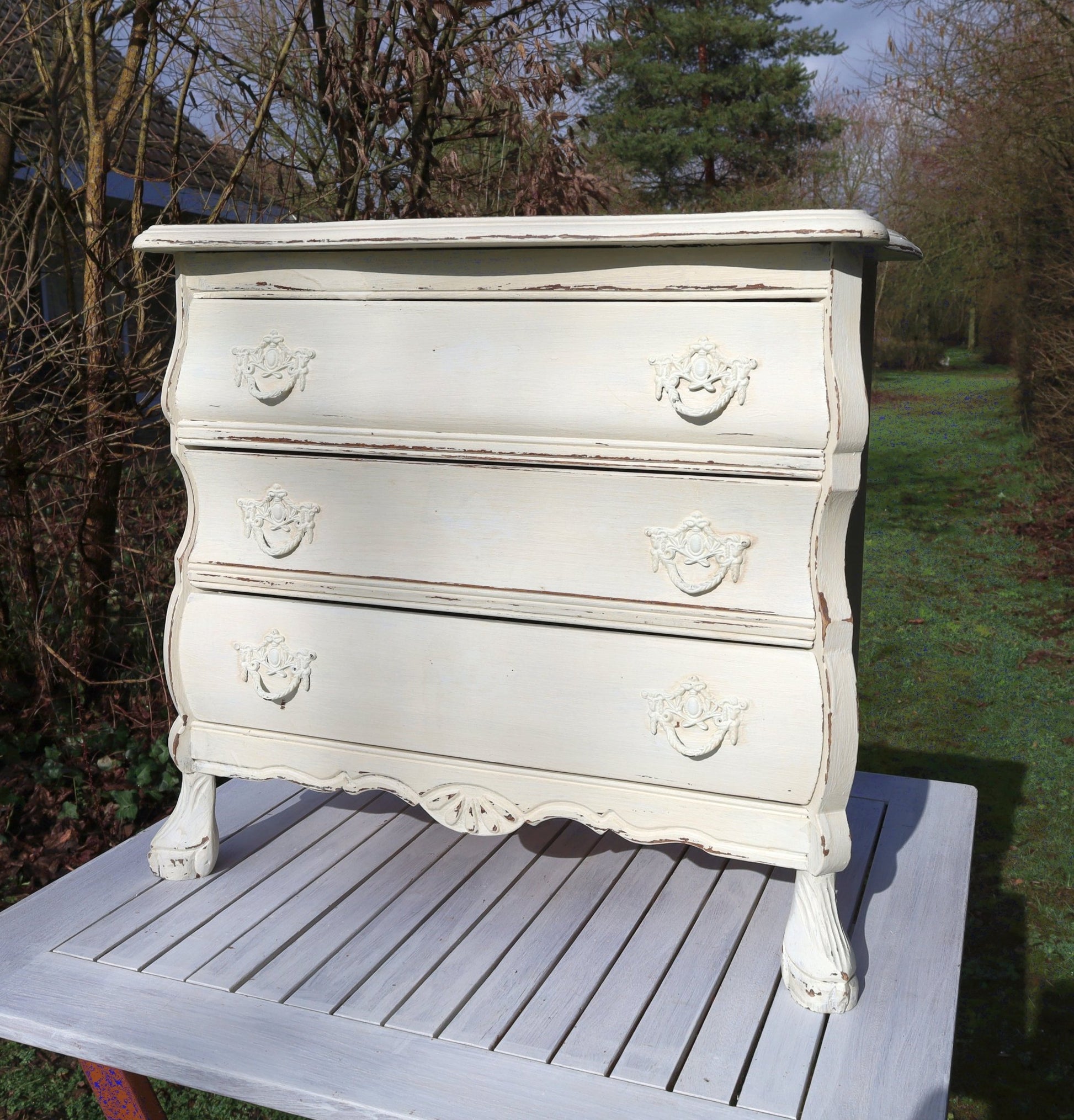 Vintage Kommode Creme Barock-Stil Shabby Chic | Massivholz Beistelltisch {{ Shabby Chic und Landhaus Deko }} {{ www.Stein-Alt.de }}