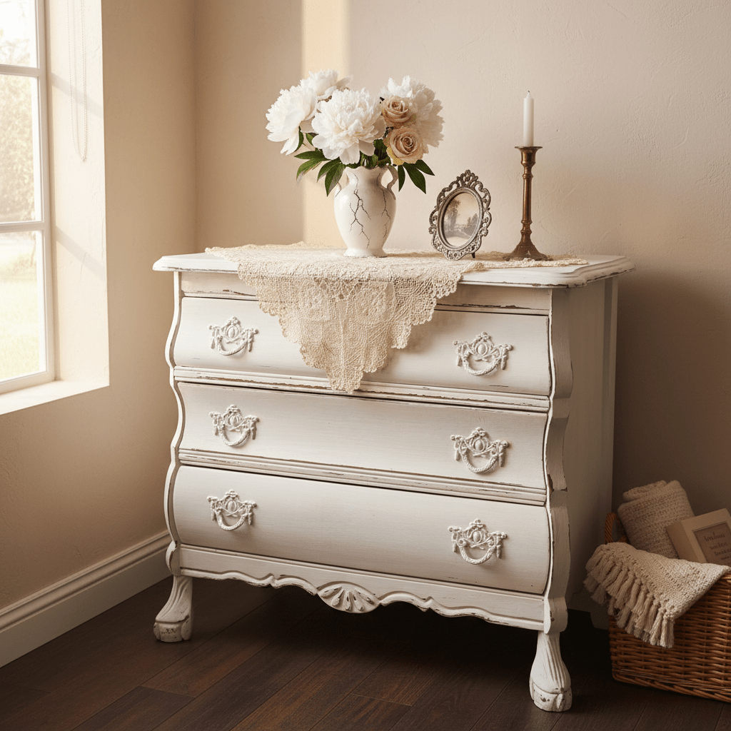 Vintage Kommode Creme Barock-Stil Shabby Chic | Massivholz Beistelltisch {{ Shabby Chic und Landhaus Deko }} {{ www.Stein-Alt.de }}