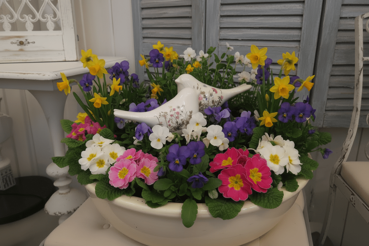 Vogel Frühlingsdeko Keramik Beige Blumenwiese Landhausstil - Clayre & Eef {{ Shabby Chic und Landhaus Deko }} {{ www.Stein-Alt.de }}