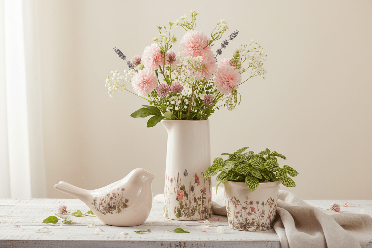 Vogel Frühlingsdeko Keramik Beige Blumenwiese Landhausstil - Clayre & Eef {{ Shabby Chic und Landhaus Deko }} {{ www.Stein-Alt.de }}