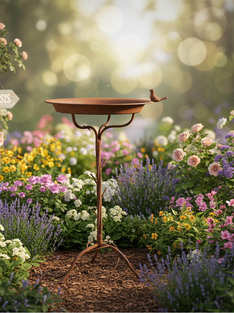 Vogelbad auf Ständer – Eisen Edelrost, Garten Deko Shabby Cottage {{ Shabby Chic und Landhaus Deko }} {{ www.Stein-Alt.de }}