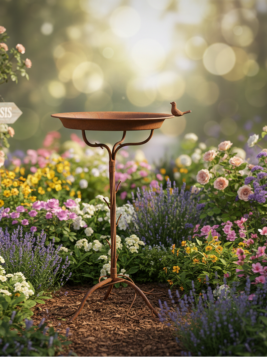 Vogelbad auf Ständer – Eisen Edelrost, Garten Deko Shabby Cottage {{ Shabby Chic und Landhaus Deko }} {{ www.Stein-Alt.de }}