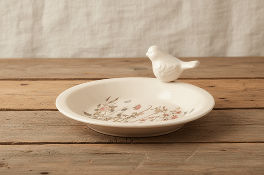 Vogeltränke Keramik Frühlingswiesenmotiv – Insektentränke Landhaus Shabby Chic {{ Shabby Chic und Landhaus Deko }} {{ www.Stein-Alt.de }}