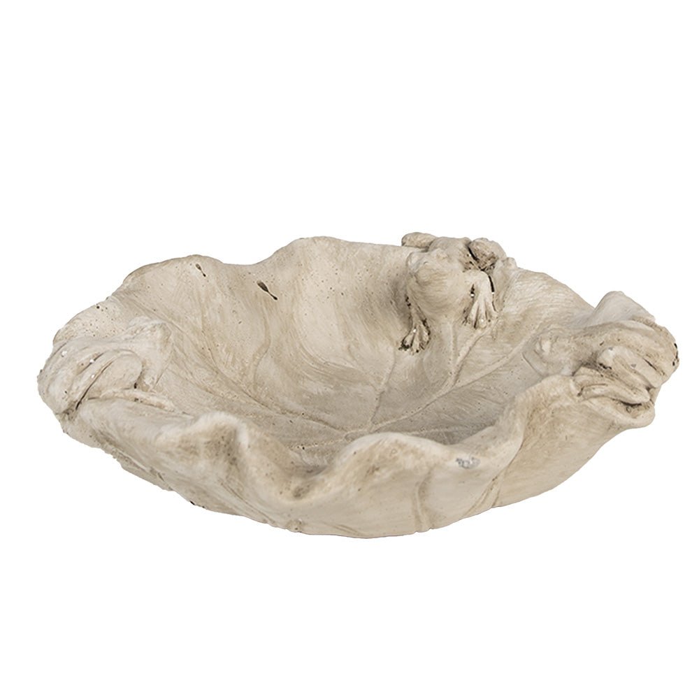 Vogeltränke Steinguss Blattform mit Frosch - Grau-Beige Landhausstil {{ Shabby Chic und Landhaus Deko }} {{ www.Stein-Alt.de }}