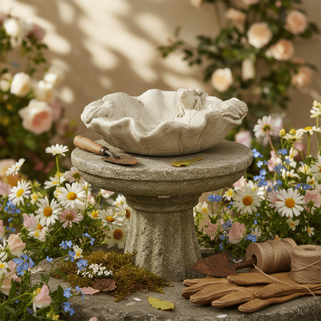 Vogeltränke Steinguss Blattform mit Frosch - Grau-Beige Landhausstil {{ Shabby Chic und Landhaus Deko }} {{ www.Stein-Alt.de }}