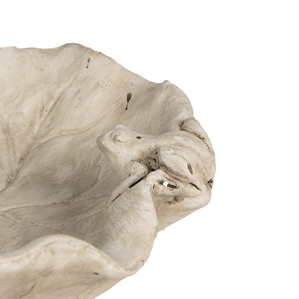 Vogeltränke Steinguss Blattform mit Frosch - Grau-Beige Landhausstil {{ Shabby Chic und Landhaus Deko }} {{ www.Stein-Alt.de }}