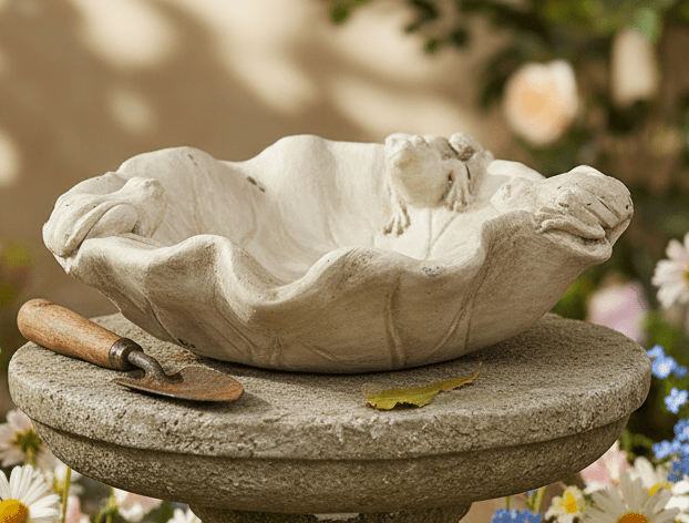 Vogeltränke Steinguss Blattform mit Frosch - Grau-Beige Landhausstil {{ Shabby Chic und Landhaus Deko }} {{ www.Stein-Alt.de }}